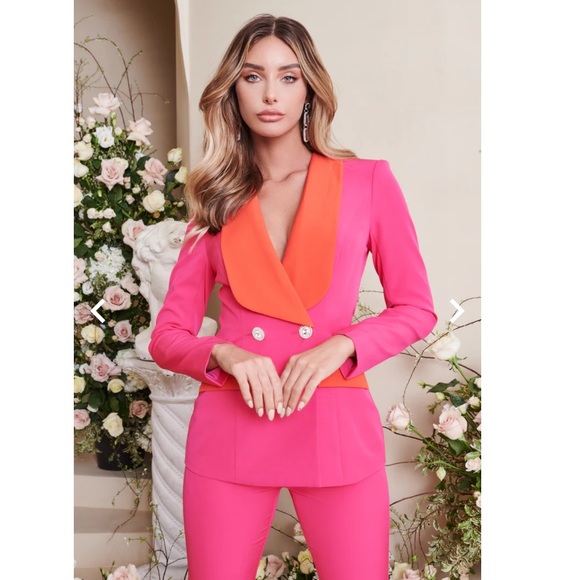 Gorgeous Lavish Alice statement collar colour block blazer in magenta pink - Picture 7 of 14